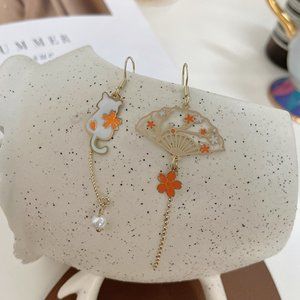 Japanese Sakura Fan Kitten Earrings